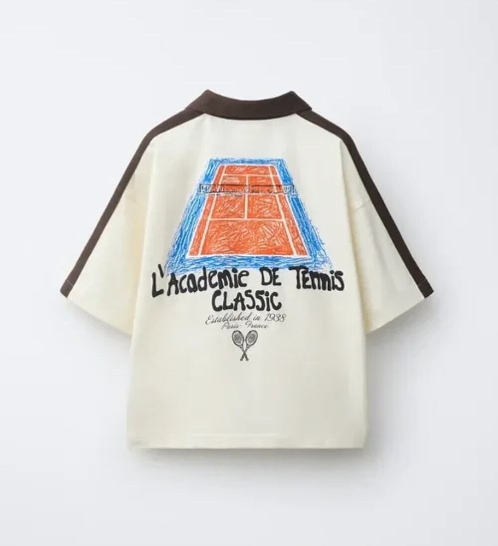 New! Zara Tennis Style Graphic Print Cream Collared T Shirt Teen 13-14 School